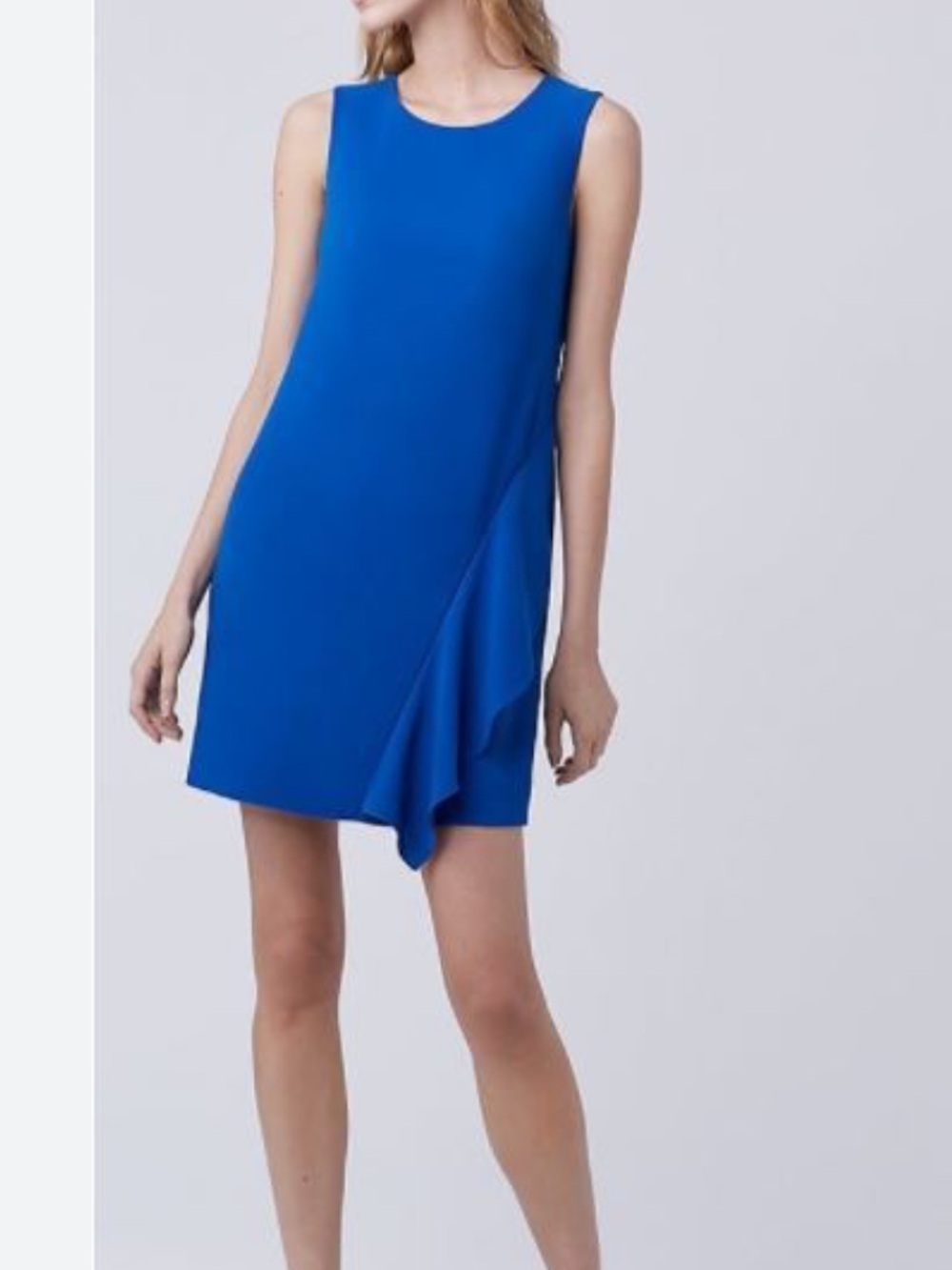 Diane von Furstenberg Neptune Blue Sleeveless Ruffle-Trim Shift Dress Size 8